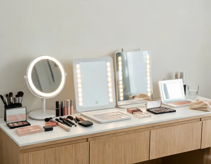 LED Vanity Mirror Sourcing on a cosmetics bench, illustration only