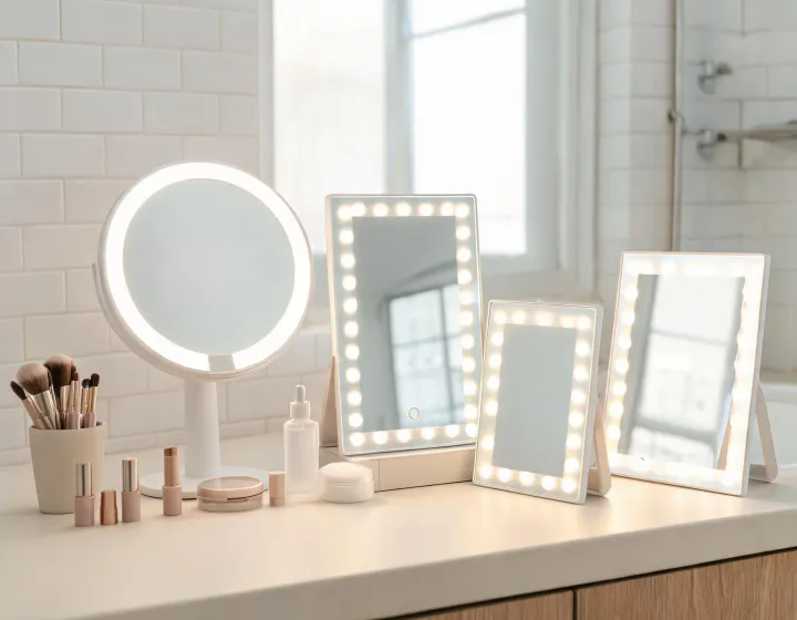 led vanity mirror bathroom on a cosmetics bench, illustration only