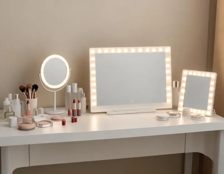 led vanity mirror desk on a cosmetics bench, illustration only