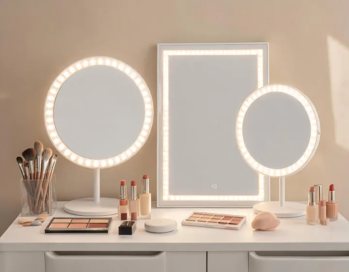 led vanity mirror desk on a cosmetics bench, illustration only